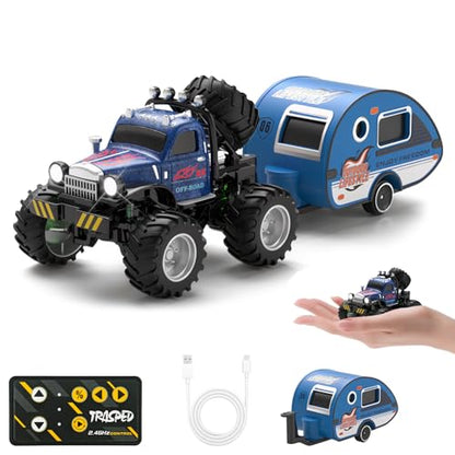 Snugzy Mini RC Car 1:64 Scale RC Truck for Kids with Trailer 2.4Ghz Remote Control Rechargeable RC Cars Toy Gifts for Boys Girls Adult (Blue) - color: Blue
