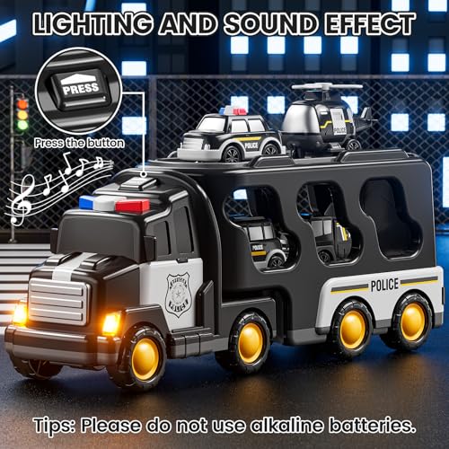 JUKUDAHU Police Truck Toy for 3 4 5 6 Years Old Boys - Carrier Vehicle Toy Set with 3 Small Cars and 1 Helicopter, Kids Firction Powered Car for Age 3-9, Gifts for Boys and Girls - style: 5 IN 1 Police Truck