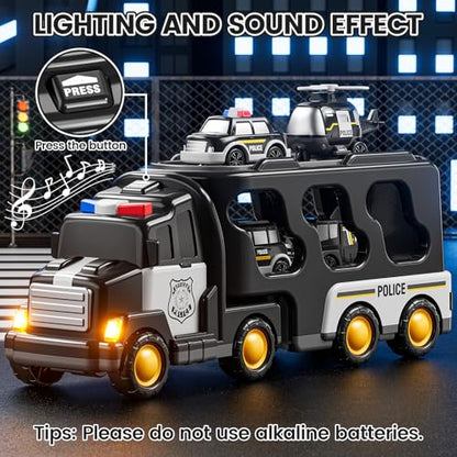 JUKUDAHU Police Truck Toy for 3 4 5 6 Years Old Boys - Carrier Vehicle Toy Set with 3 Small Cars and 1 Helicopter, Kids Firction Powered Car for Age 3-9, Gifts for Boys and Girls - style: 5 IN 1 Police Truck