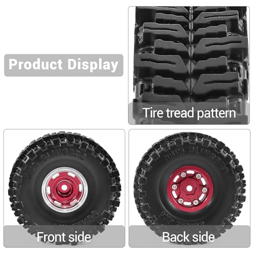 1.0" Beadlock Wheels and Tires for SCX24 TRX4M RC Crawle (Red) | 7mm Hex, Offset 0 mm, Soft Rubber Tires, 1/18 1/24 RC Crawler Upgrade Parts - color: Red 102