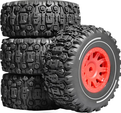 Pre-glued 64mm Wheels &Tires with 12mm Hex for 1/14 Truck, Red | Rubber Tire and Nylon Rim for ARRMA Mojave GROM, HPI, Traxxas Slash, Tamiya, Toyota, WLtoy 1/14 1/16 1/18 RC On/Off-Road Car - color: Red