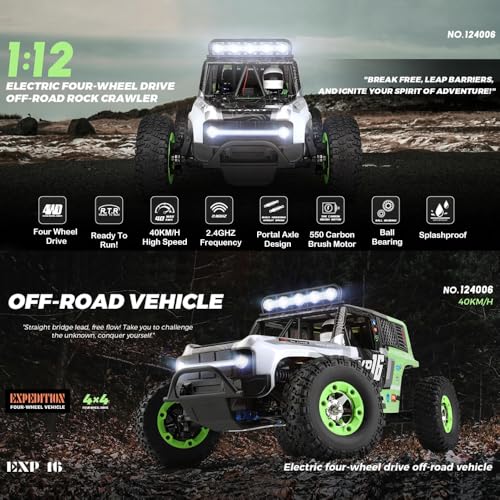 GoolRC WLtoys 124006 RC Car, 1:12 Scale Remote Control Car, 4WD 40KM/H High Speed RC Truck, 2.4GHz Off-Road RC Crawler RTR with LED Lights and 2 Batteries for Adults (Red) - color: Red