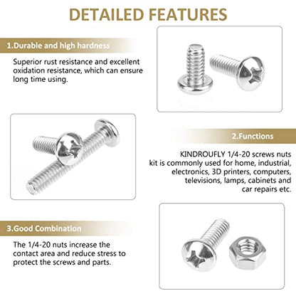 58 Pieces 1/4-20x 1/2", 3/4", 1", 1-1/4", 1-1/2", Phillips Pan Head Machine Screws Nuts Assortment Kit, 304 Stainless Steel, Fully Machine Thread - size: 1/4"-20