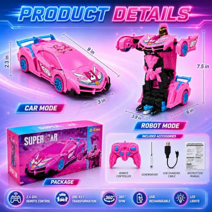 Unicorn Remote Control Car Toy for Girls, 2.4GHz RC Stunt Car with Lights | Magical 2-in-1 Unicorn Robot Car with One-Button Transformation, 360° Rotation, Racing Fun Gift Toys for Girls Ages 4-7