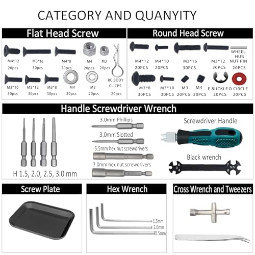RC Car Repair Work Stand Repair Tool Set 360 Degree Rotation and 523 PCS RC Screws Kit & RC Screwdrivers and Screws Pallet Kit for 1/8 1/10 1/12 1/16 1/18 RC Car Crawler Truck Buggy (Black)