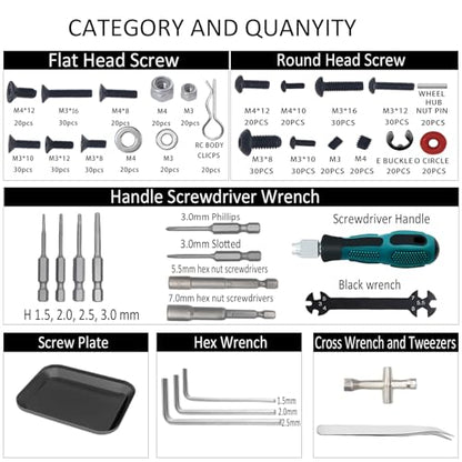 RC Car Repair Work Stand Repair Tool Set 360 Degree Rotation and 523 PCS RC Screws Kit & RC Screwdrivers and Screws Pallet Kit for 1/8 1/10 1/12 1/16 1/18 RC Car Crawler Truck Buggy (Black)