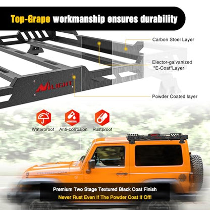 Nilight Roof Rack Cargo Basket with LED Light Bar Compatible with 2007-2026 Wrangler JK JL Unlimited & Gladiator JT 4 Door Hardtop, JKU JLU Luggage Rooftop Storage Carrier - color: JK/JL/JT Roof Rack