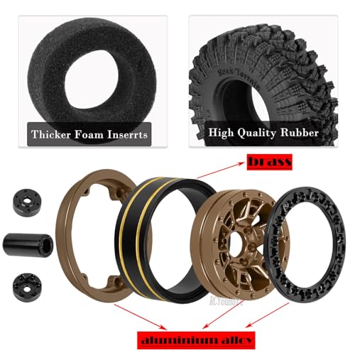 RC 1.3" Beadlock Tires Wheels for 1/18 1/24 Trx4m SCX24 FCX24 Ascent-18 RC Crawler Car,4pcs 1.3 Inch Wheel Rim Soft Rubber Tires,Brown - color: Brown-(1.3" Beadlock Tires）
