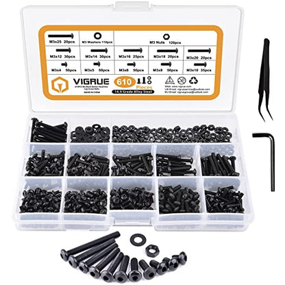 VIGRUE 610PCS 14.9 Grade Alloy Steel M3 Button Hex Head Cap Screws M3 x 4/5/6/8/10/12/14/16/18/20/25mm Machine Screws Bolts Nuts Washer Assortment Kit - size: M3 Button black