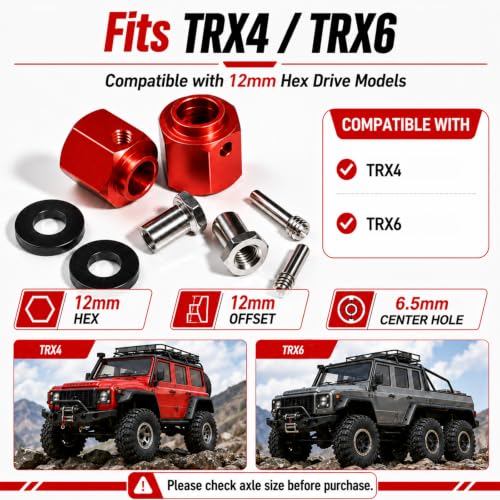 4PCS 12mm Hex Hub 12mm Offset Wheel Hex Extension for Traxxas TRX4 TRX6 | CNC Metal Wheel Spacer for RC Crawlers Helps Increase Track Width and Side-Hill Stability Reduce Vibration Add Tire Clearance - color: red
