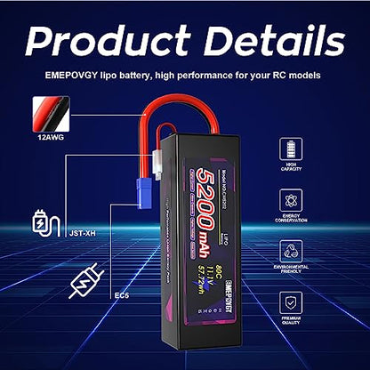 11.1V Lipo Battery 3S 5200mAh 80C Lipos Hard Case with EC5 Connector for RC Car Trucks 1/8 1/10 RC Vehicles(2 Packs) - color: EC5-2