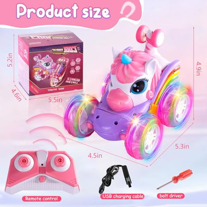 Remote Control Car Unicorn for Girls 360° Rotating 4WD Stunt RC Cars with Cute Cool LED Lights, 2.4GHz Toy Car USB Direct Charging RC Cars Birthday Gifts for Kids Girl Age 3-6 7-9 (Small) - style: Small