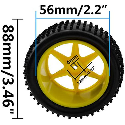 12mm Hex Plastic Wheel Rims & OD 88mm/3.46" Rubber Tire Front Rear Tyre Compatible with Redcat HPI HSP ExceedRC Kyosho Losi 1/10 Scale Off Road Buggy (Yellow) - color: Yellow