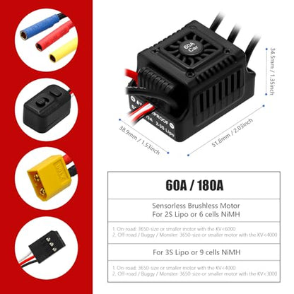 Waterproof GR3650 3900KV Brushless Motor 3.175mm Shaft with 60A Brushless ESC Electric Speed Controller with Heatsink and Programming Card for 1/10 Remote Control Car Truck, Black & Green - color: Black & Green