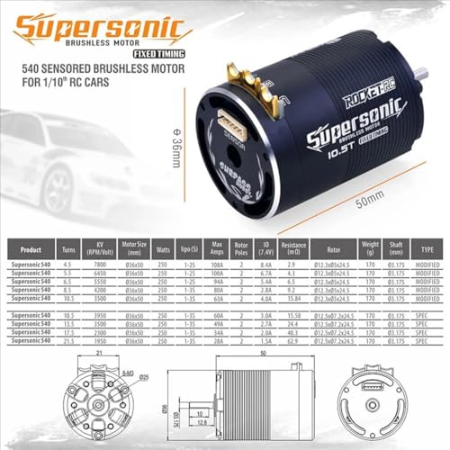 1-3S Supersonic 540 13.5T/3500KV Sensored Brushless Motor Fixed Timing Shaft ø3.175mm for 1/10 RC Drift Racing Car Touring Car - size: 13.5T SPEC