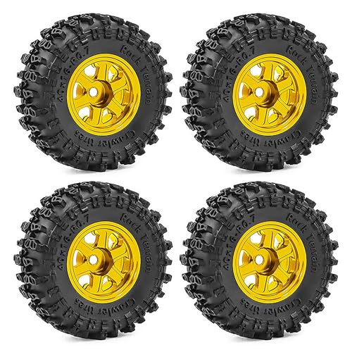 0.7" Aluminum Beadlock Wheel & Crawler Tire Set for 1/30 RC Crawler, CNC Rims, 40 x 16 mm Tires, Includes Screwdriver, Pre-Assembled 4 pcs, Yellow - color: Yellow, size: Rock-Trail-Clean-Out