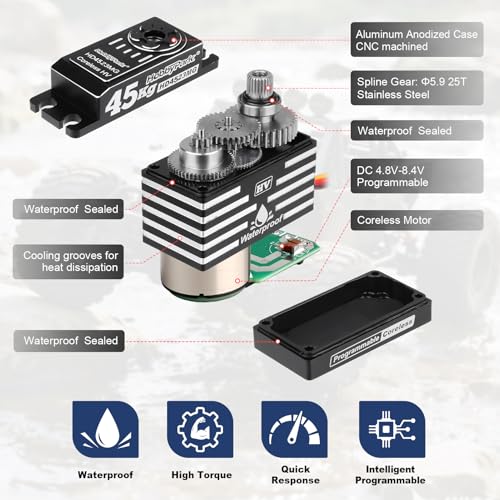 HobbyPark 45kg RC Servo High Torque Waterproof RC Steering Servo Metal Gear Digital Servos Stainless Steel Gears Aluminum Case for 1/7 1/8 1/10 RC Crawler Car Truck Buggy HV (Coreless Motor)