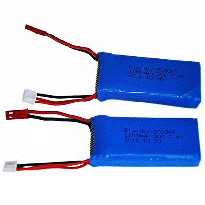 Blomiky 2 Pack 7.4V 1200mAH Lipo Battery Pack with JST Plug and USB Cable Replacement for UDIRC UD1601 UD1602 Pro Fisca Cheewing 1/16 Scale RC Truck RC Helicopter Drone Vehicles / X6 Battery and USB 2