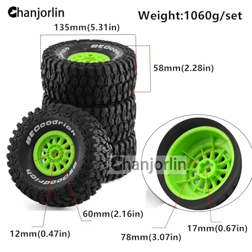 1/7 RC Short Course Truck Tires with Foam Insert and Wheels 17mm Hex OD 135mm 1/8 All Terrain Off Road Tyres for 1:7 RC Buggy Monster Truck Car TRAXXAS UDR 85086-4 4PCS (Green) - color: Green
