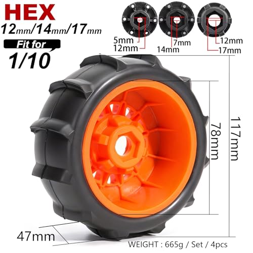 Pre-Glued Sand & Snow Paddle Wheel & Tire Set for 1/10 RC Truck Fits Slash, Arrma Fury/Senton, Tekno SCT410, HSP 94155, 117 x 45.5 mm, 12/14/17 mm Hex, 4 pcs, Orange - color: Orange