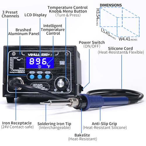 YIHUA 939D+ I Soldering Station, Upgraded, 75 Watt Equivalent with 3 Memories, °C/°F LCD display, Sleep Function, Automatic Shutdown & Brushed Aluminum Panel(Iron-burn Resistant) - style: Advance Style - Extra Tweezers & Tip