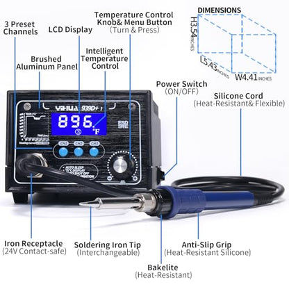 YIHUA 939D+ I Soldering Station, Upgraded, 75 Watt Equivalent with 3 Memories, °C/°F LCD display, Sleep Function, Automatic Shutdown & Brushed Aluminum Panel(Iron-burn Resistant) - style: Advance Style - Extra Tweezers & Tip