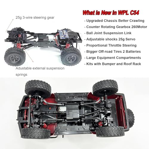 RC Rock Crawler 4x4 RC Truck WPL C54 1/16 RC Crawler RTR | Remote Control Truck Off Road 2.4G All Terrain Proportional Throttle Steering 260 Motor New Chassis and Shock