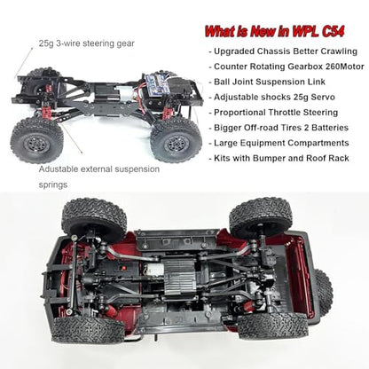 RC Rock Crawler 4x4 RC Truck WPL C54 1/16 RC Crawler RTR | Remote Control Truck Off Road 2.4G All Terrain Proportional Throttle Steering 260 Motor New Chassis and Shock
