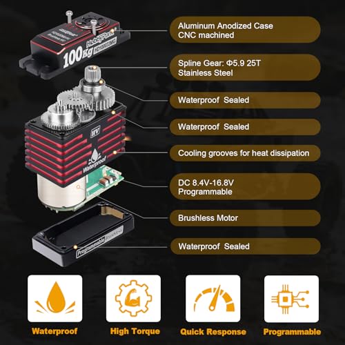 HobbyPark Waterproof RC Servo High Torque Brushless Motor Metal Gear Digital Servo Aluminum Case for 1/8 1/10 RC Crawler SCX10 TRX4 RC Truck Car Buggy RC Basher Control Angle 180° HV (100kg Torque)