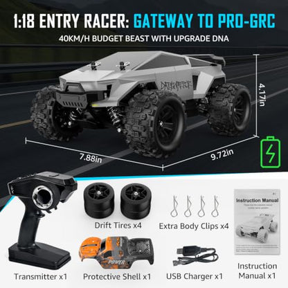 2-in-1 RC Cyber Monster Truck & Drift Car for Adults 1/18 Scale 4WD 40KM/H All-Terrain Fast RC Car with 2.4Ghz Radio, 2 Batteries & 2 PVC Shells RTR