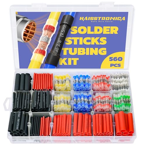 haisstronica 560PCS Solder Seal Connectors Kit with 3:1 Heat Shrink Tubing | Clear Sleeves, Wire Gauge Markings, 6 Diameters, Black and Red Assortment, 1.75-Inch Lengths, Automotive Wiring - size: 560 PCS