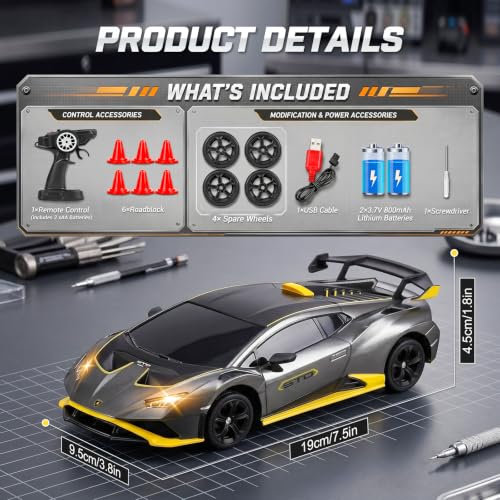 YESHIN 1：24 Lamborghini Haracan Drifting Car Red, Lamborghini Toy Car, RC Cars for Boys Age 8-12, 2.4GHz Remote Control Car with Light - color: B-gray