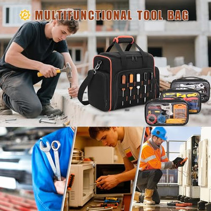 Marscamd Tool Bag with 3 Removable Cases, 2 Layers Tool Tote for Hand Tools | with Front Molle Straps & Detachable Shoulder Strap, Black with Red Binding - color: Black with Red Binding