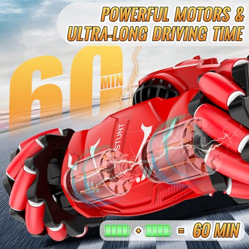 Pristar RC Stunt Cars, Gesture Sensing Remote Car Toys for 6-12 Boys Girls | 2.4Ghz Hand Remote Control Car with Spray Lights Music 360° Rotation 4WD Off-Road, Birthday Xmas Gifts for Kids Age 6-12 - color: Red