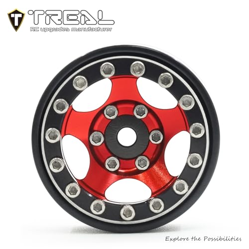 Treal 1.0 Beadlock SCX24 Wheels (4P) Classic 5-Star 1" Micro Beadlock Wheels for Axial 1/24 Deadbolt C10 Betty Gladitor Bronco 27.3g (Black-Red) - color: Black-Red