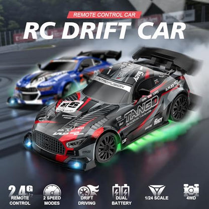 RC Car for Kids, 1:24 High Speed Remote Control Drift Car | 2.4GHz 4WD RC drift car with LED lights, 2 batteries (50-min runtime), drift tires, Birthday gift for boys aged 4-12, Black - color: 2-black
