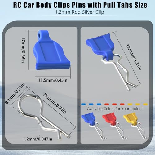 RC Body Clips with Pull Tabs, 1.2mm Stainless Steel R Clips Body Pins for 1/10 1/12 RC Cars, Trucks, Crawlers, Buggy & Touring Cars, Compatible with Traxxas Axial Arrma Redcat HPI HSP Himoto, 20-Pack - color: Blue