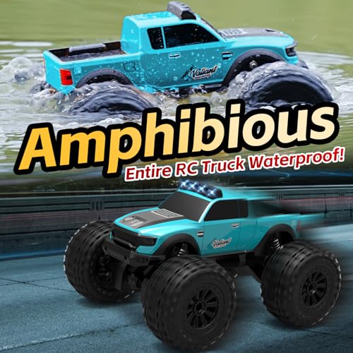 KB KAIBO 8816 1:12 Amphibious Remote Control Car with Full Proportional Steering-Fully Waterproof All Terrain RC Monster Truck for Kids 6-12+, 7.4V 4WD 2.4Ghz 60+ Min Dual Battery Blue - color: Blue