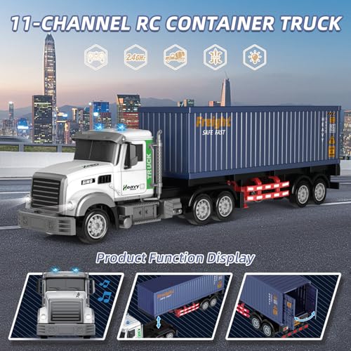 Mostop RC Semi Truck with Trailer, 23.6 Inch Remote Control Semi Truck Toy for Kids 3-8, 1:24 Scale Container Carrier Transport Vehicle with 2 Batteries, LED Lights & Sounds, Birthday Gift for Boys