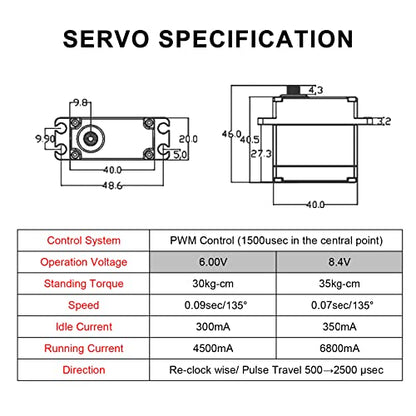 35KG Coreless Servo 8.4V High Torque Full Metal Gear Servo, IP67 Waterproof Steering RC Servo with Control Angle 270° for 1/10 Scale RC Cars, Trucks & Robot Parts (35KG) - style: 35KG