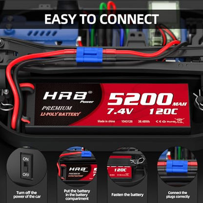 HRB 2PCS 2S 5200mAh Lipo Battery EC5 7.4V 120C Hardcase RC Lipo Battery