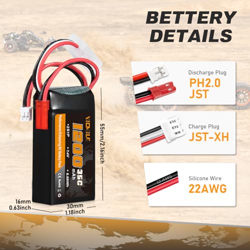 SCX24 Battery 7.4V 1200mAh Lipo Battery 2S 35C(Burst 70C) with PH2.0 JST Plug Fit for SCX24 RC Car WLtoys A949 A959 A969 A979 K929 and Most 1/10 1/16 1/18 1/24 RC Truck