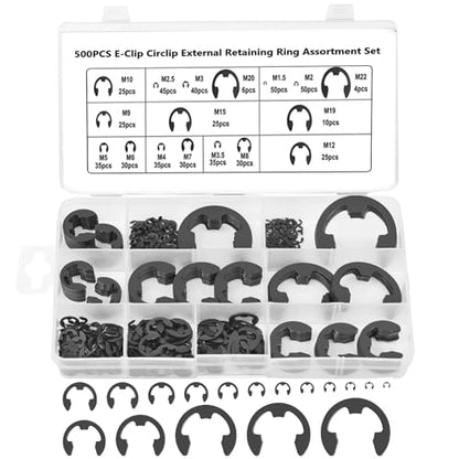 Boatsea 500Pcs E-Clip Circlip Assortment Set, External Retaining Clips Assortment Set, Alloy Steel Circlip Kit, Anti Walk Washers, Includes 17 Sizes of M1.5-M22 - size: E-Clip 500PCS