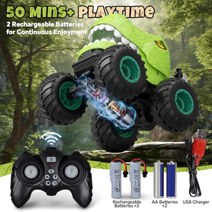Drefirsa Remote Control Dinosaur Car for Boy 4-7 8-12, Dinosaur Toy for Kid | 50min+ Runtime,Stunt, Spray, LED Light, Rotating, Upright Driving, Monster Truck Toy for Kid Birthday Christmas Gift - color: Beige