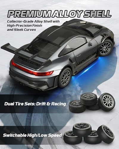 ARRIS 1/43 911 RC Drift Car 4WD with Gyro Full Proportional RTR | Alloy Body, 20KM/H Speed, Extra Drift Tires, Silent Bearings, LED Lighting - color: Gray-911