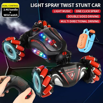 HUIOP Stunt Car 2.4GHz Car Spray Car with Function Lateral Movement,Breathing Light,Deformation,Double-Sided Driving,Wrist Watch-Dual - color: Pink, size: 2 battery
