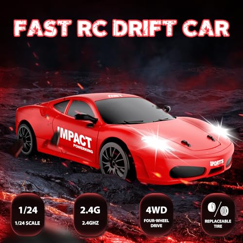 RC Drift Car, 2.4GHz Remote Control Cars 1/24 4WD High Speed Drift Car with LED Lights and Dritfing Tires Vehicle Racing Toy Cars for Boys Girls Adults Kids (Red) - color: E.bright Red