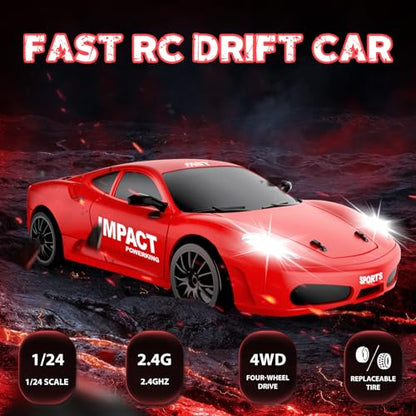 RC Drift Car, 2.4GHz Remote Control Cars 1/24 4WD High Speed Drift Car with LED Lights and Dritfing Tires Vehicle Racing Toy Cars for Boys Girls Adults Kids (Red) - color: E.bright Red