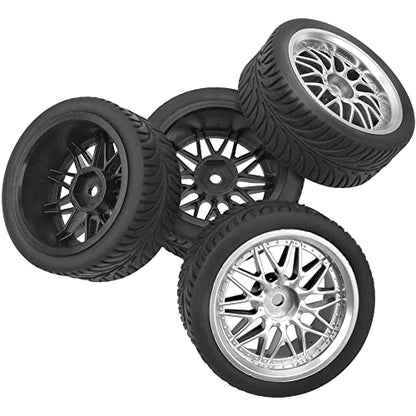 OD 2.55" Rubber Tires & Plastic Wheel Rims 12mm Hex Hub Compatible with HSP Tamiya HPI Kyosho Redcat ExceedRC 1/10 On-Road Touring Car,WLtoys 1/14 144001 RC Buggy (Silver) - color: Silver