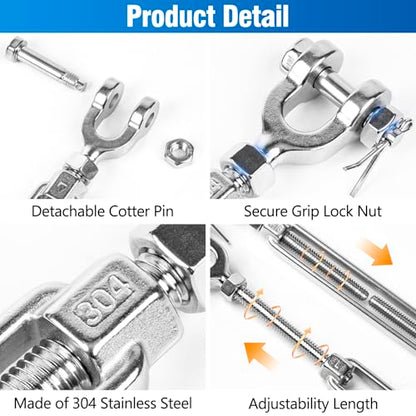 4 PCS M6 Turnbuckle 1/4" 304 Stainless Steel Jaw and Jaw Turnbuckle Tensioner, Heavy Duty Cable Tensioner, 1140 LBS Working Load Limit, Adjustable Turnbuckles for Cables Wire, Clotheslines, Shade Sail - size: 1/4"-4 Pack